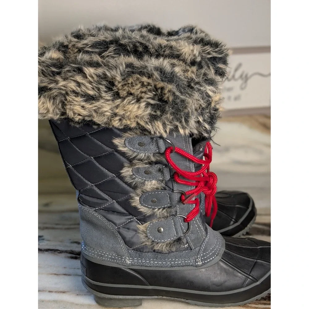 Womens Gray Black Quilted Faux Fur Trim Snow Duck‎ Boots Size 7B Waterproof Cold